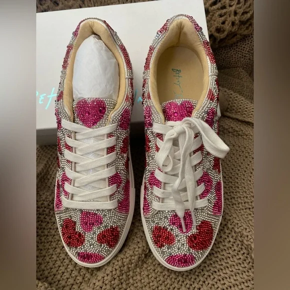 Betsey Johnson White Sneakers with Pink and Red Heart Crystals - Picture 3 of 3